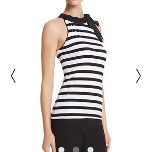 STRIPE PEARL DETAIL TIE NECK TOP